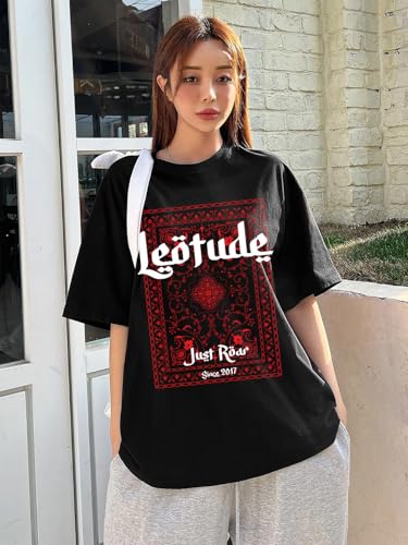 Image of LEOTUDE Women's Oversized Round Neck Half Sleeve Cotton Blend Graphic Printed T-Shirt | Top for Women & Girls (Color: Blue)