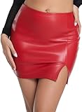 EG CHRIS G Leather Mini Skirt for Women - High Waisted Side Slit Zipper Design, Slim Fit Bodycon Skirt for Casual & Night Out (Zipper Red,M)