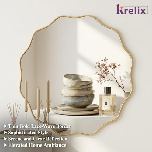 Image of 18 x 18 Inch Gold Irregular Wall Mirror - Modern Asymmetrical Design with Plastic Frame, Decorative Wall Mirror for Living Room, Bathroom, Bedroom & Entryway (Gold, Wave Round)