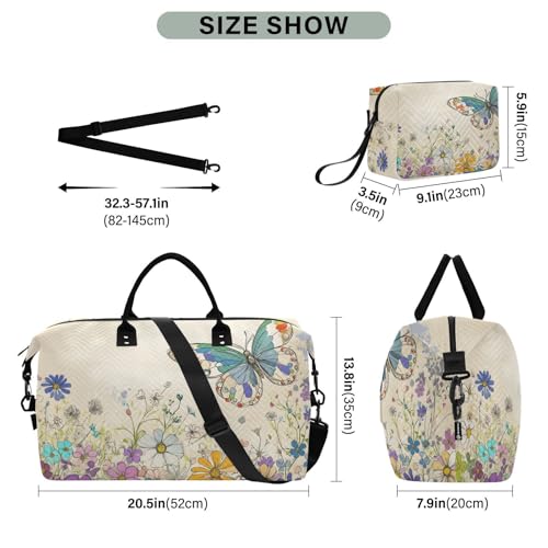 Florals Art Butterfly Travel Duffel Bag Gym Bag Sports Tote Bag with Multiple Interior Pockets Shoulder Weekender Bag for Women Men with Toiletry Bag 20.5”x 7.9”x 13.8”3