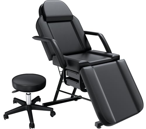 Felivine Black Tattoo Chair for Client with Hydraulic Rolling Stool, Tattoo Client Chair Facial Chairs for Esthetician, Tattoo Table Esthetician Beds Facial Beds with 2 Trays for Spa Beauty
