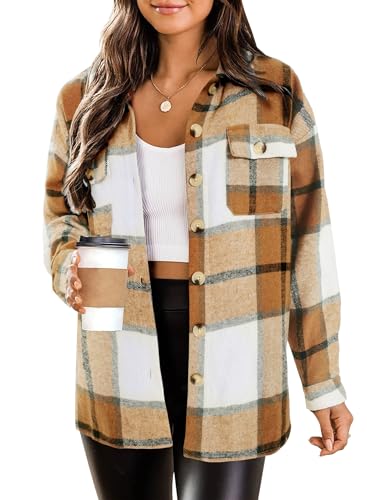 HOTOUCH Women Long Sleeve Plaid Coats Loose Boyfriend Shirts Brushed Checked Outerwear Flannel Shacket shackets for Women Khaki