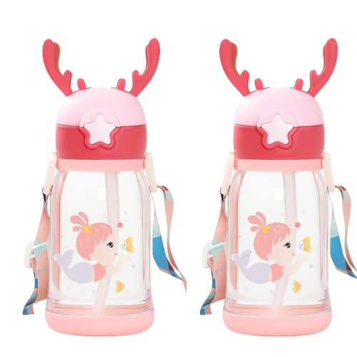 Image of Antlers Water Bottle for Kids 600ml BPA Free | Soft Silicone Sipper Transparent Bottle for Boys & Girls | Reusable Leak Proof with Strap for School, Sports, Travel & Outdoor Use - Pack of 2(Pink)