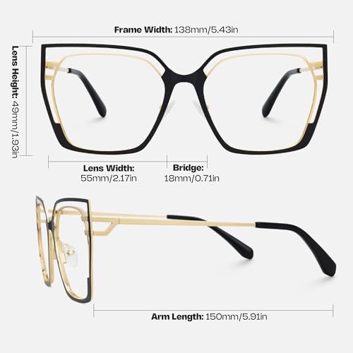 Image of Zeelool Square Blue Light Glasses for Women Oversized Metal Eyeglasses Black Designer Eyewear Glasses Anti Eyestrain Quinn JGM663645-05B