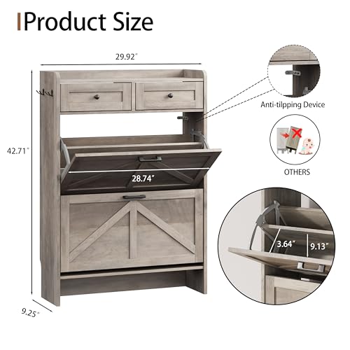 Image of Shoe Cabinet with 2 Flip Drawers & 2 Top Drawers, 43 inch Tall Freestanding Narrow Wooden Shoe Storage Organizer for Entryway, Hidden Slim Shoe Rack for Front Door Entrance, Hallway, Living Room, Grey