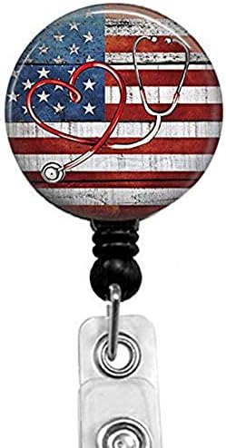 Stethoscope and american flag Badge Reel,Retractable Name Card Badge Holder with Alligator Clip, Medical MD RN Nurse Badge ID, Badge Holder