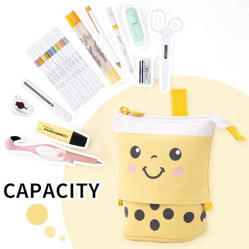Image of ANGOOBABY Cute Pencil Case Standing Pen Holder Telescopic Makeup Pouch Pop Up Cosmetics Bag with Kawaii Smile Face Stationery case Office Organizer Box for Girls Students Women Adult (Yellow)