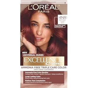 L’Oreal Paris Excellence Universal Nudes Permanent Hair Color, Ammonia Free Hair Dye for Gray Hair Coverage, 4NR Natural Dark Red, 1 Hair Dye Kit