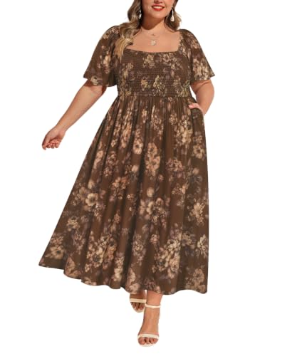 Image of RITERA Plus Size Dresses for Curvy Women Square Neck Short Sleeve Summer Floral Smocked Maxi Dress with Pocket XL-5XL