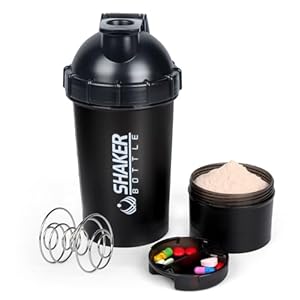 Shaker Bottle 18OZ Protein Shaker Bottles with Powder Storage & Pill Case 500ML GYM Shaker Cup for Protein Mixes with Blending Ball Leak Proof Mixer Bottle for Pre Workout,BPA Free(black)