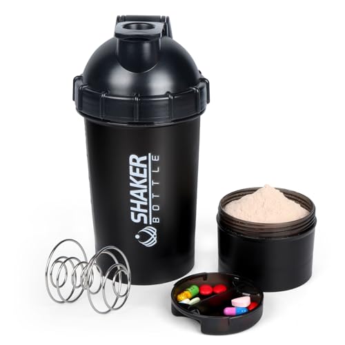 XTKS Shaker Bottle 18OZ Protein Shaker Bottles with Powder Storage & Pill Case 500ML GYM Shaker Cup for Protein Mixes with Blending Ball Leak Proof Mixer Bottle for Pre Workout,BPA Free(black)