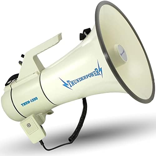 ThunderPower 45W 2000 Professional Yard Sound Range PA Bullhorn Megaphone Speaker w/ 2 Modes, Aux Input, & DC Charger, Loud White Hand Held Bull Horn/Mega Phone, Electric Megahorn