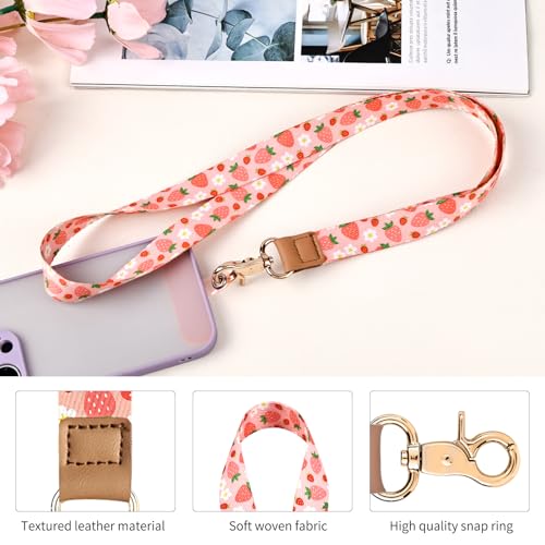 Knagsfa Lanyards for Keys, Neck Lanyards for ID Badges with Metal Hook, Cute Keychain Lanyard for Women, Strawberry Smallflower