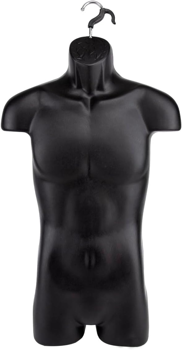 SSWBasics Male Molded Shatterproof Black Shapely Torso Form with Hook - Fits Men's Sizes