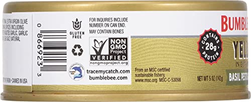 Image of Bumble Bee Prime Basil Pesto & Roasted Garlic Yellowfin Tuna in Extra Virgin Olive Oil, 5 oz Easy Open Can - Wild Caught Ahi Tuna - 28g Protein Per Serving - Non-GMO, MSC Certified Sustainable Seafood