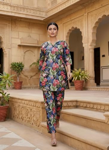 Image of NAINVISH Women's Printed Rayon Blend Co-ord Set | Straight Fit Top & Pant Ensemble | V-Neck Mandarin Collar Styles | Modern Black, Orange, Purple, Green Designs | Perfect for Casual, Festive Events