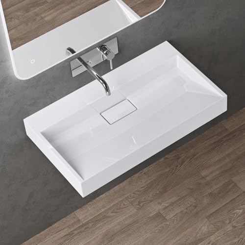 doporro Lavabo Suspendu avec Bonde Vasque à Poser Blanc 70x46x11cm Lave Mains Rectangulaire sans Perçage de Robinet Colossum19