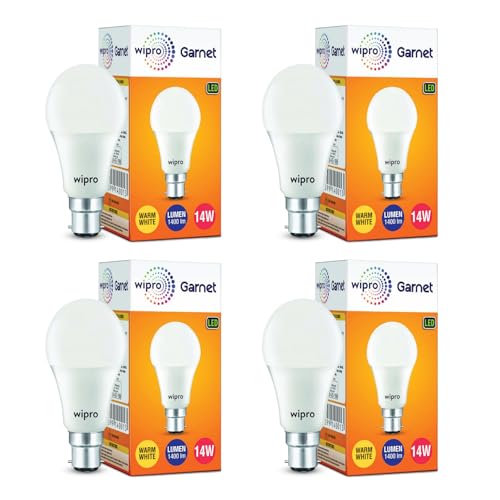 Image of wipro Garnet 14W LED Bulb for Home & Office |Warm White (2700K) | B22 Base|220 degree Light coverage |4Kv Surge Protection |400V High Voltage Protection |Energy Efficient | Pack of 4