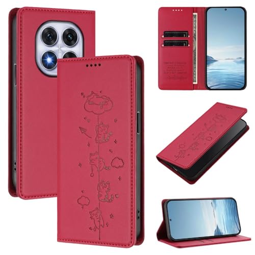 Étui Redmi Note 14 5G rouge en cuir avec fente portefeuille et motif chat