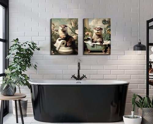 Image of Frimeeme Otter Canvas Wall Art for Bathroom Decor 12x16 Inch | 2 Pieces, Ready to Hang