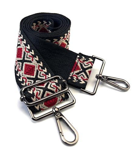 Image of Black Red Boho Diamond Purse Strap with Gunmetal Black Hardware 2 Inch Wide Replacement Crossbody Guitar Style Shoulder Strap for Handbags Totes