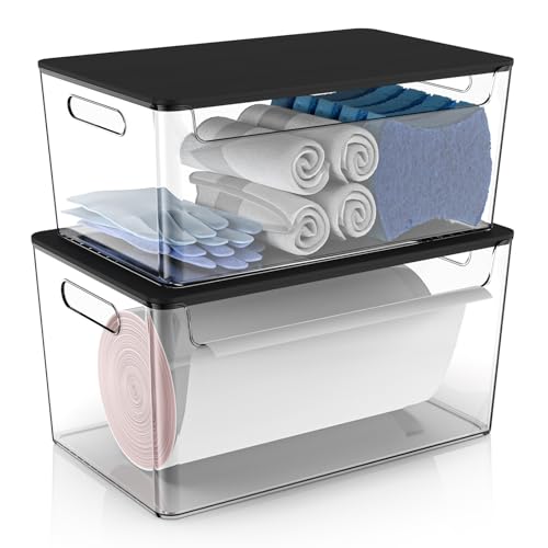 COAZEX 2 Pack Trash Bag Holder Under Sink Stackable, Plastic Garbage Bag Dispenser with Lid, Trash Bag Storage Dispenser Roll Holder for Kitchen, Pantry, Laundry Room Organization (Black Lid)