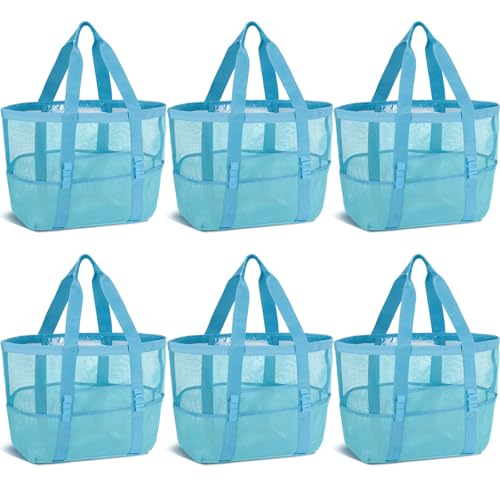 Image of Hillban Large Beach Mesh Bags Bulk for Women Beach Tote Bag with 8 Pocket Zipper Waterproof Sandproof for Pool Cruise Ship