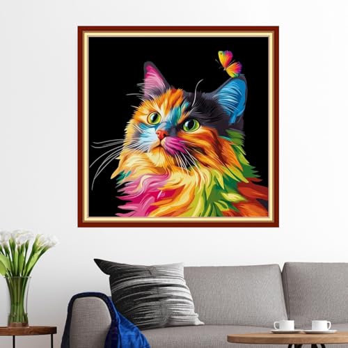 Image of Funxvoot Stamped Cross Stitch Kits for Beginners or Adults Embroidery Starter Patterns | DIY Printed Cross Stitch Kits Needlepoint for Adults 11CT-Colorful Cat Butterfly 18x18 inch
