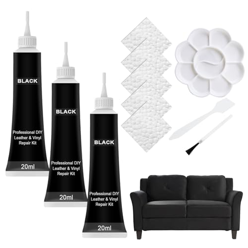 Cutiolly Kit Riparazione Pelle,Crema Riparazione Pelle,Crema Riparazione Pelle Nera,Riparazione Pelle Divano,Kit Riparazione Strappo Pelle,Rinnovo Manutenzione Auto per Sedili (Nero,3PCS)