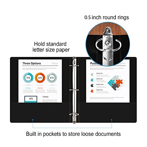 Image of COMIX Sturdy 3 Ring Binder 0.5 inch with Clear View Cover, 1 /2 inch Round Ring View Binder, PVC-Free, 2.4mm-Thick, 100 Sheets Capacity of US Letter Size Paper, Office ＆ School Supplies, Pack of 12 (Black)