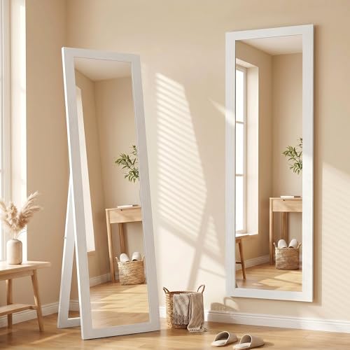 HOMCOM Ganzkörperspiegel 157 x 37 cm Rechteckig Standspiegel mit Rahmen mit Holzoptik Wandspiegel zum Stehen Anlehnen Groß Spiegel für Flur Wohnzimmer Schlafzimmer Weiß