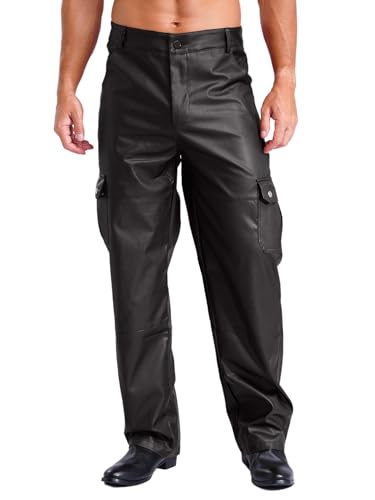 Men's Leather Pants Multiple Pockets Straight Legs Trousers Motorcycle Pants for Club Party