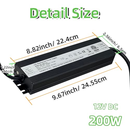 Image of 200W 12V DC 16.7A LED Driver ETL Listed Transformer, Waterproof IP67 Power Supply, 100-130V AC to DC Low Voltage Adapter for Outdoor Use (ETL12V200W)