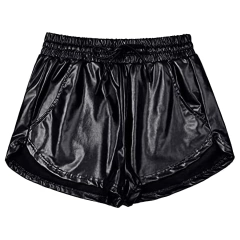 Women's Metallic Shorts Yoga Shiny Sparkly Hot Drawstring Outfit Short Pants, Black, Large Cover