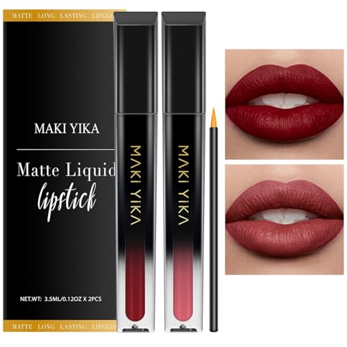 Image of MAKI YIKA 2Pc Matte Liquid Lipstick Set Dark Red Nude Lipstick Long Lasting