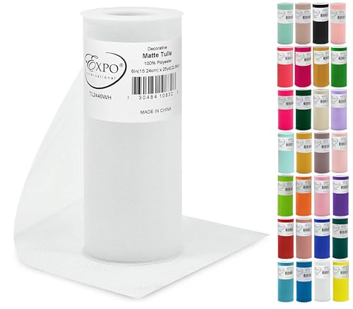 Image of Expo International Decorative Matte Tulle, Lightweight Polyester Tulle Fabric for Tutus, Costumes, and Party Decorations, Washable, Easy-to-Use, 6 Inch x 25 Yards, White, Pack of 1