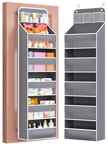 Wakaye Over Door Organizer for Bedroom,Nursery,Bathroom,Dorm,Pantry, Closet - 5 Tier 44 lb Load Behind Door Storage, Back of Door Hanging Holder Bag - 1 Pack,Grey