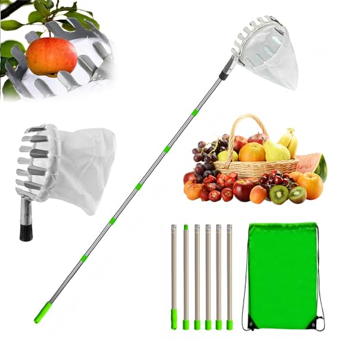 YANGUN Apple Picker with Telescopic Handle, Fruit Picker Tool with Stainless Steel Connecting Pole and Fabric Bag