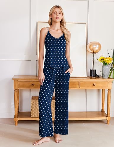 Image of Ekouaer Womens Y2K Cami Pajama Set with Flare Pants, 2 Piece Lace Trim Sleepwear Spaghetti Strap Pjs Set XS-2XL