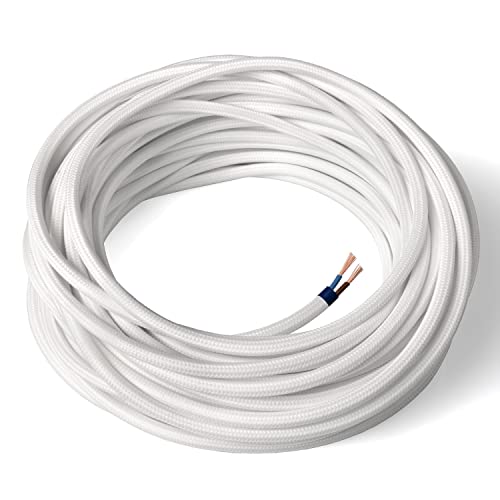 Amarcords - Câble électrique textile couleur BLANC, rond, soie, 20 mètres, à 2 brins 2x0,75 - Fil vintage en tissu coloré, pour lampes, lustres, appliques...