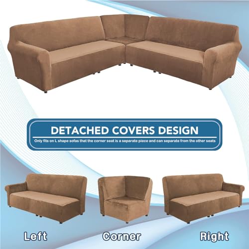 Housse de canapé d'angle en L 7 places velours extensible camel - 3
