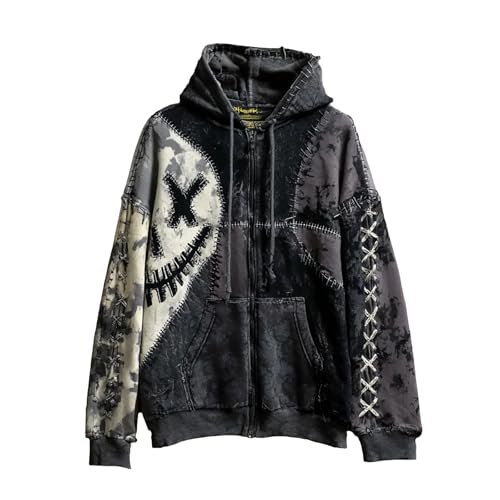 Image of Halloween Sweatshirt Men, Scary Face Horror Print Hoodie Steampunk Gothic Pullover With Hood Casual Stylish Long Sleeve Pullover Vintaged Full Zip Drawstring Hoodies Retro Contrast Hoodie Black