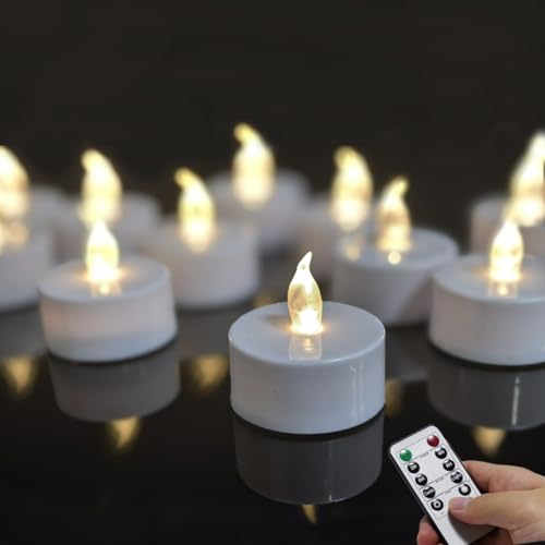 Remote Flameless led tea lights candles with timer 400+ Hours Battery Life Realistic Flickering Flameless Votive Candles Safe Decorative for Halloween Christmas/Wedding/Home Decor (Warm White 12 Pack)