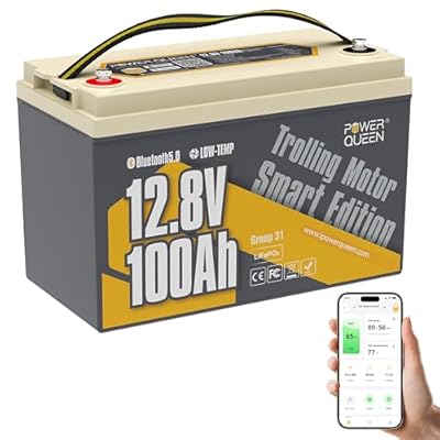Power Queen 12V 100Ah Group 31 Battery Bluetooth 5.0, Deep Cycle LiFePO4 Battery Max. Output Power 1280W, 100A BMS with Low-Temp Cut-off Protection for RV, Trolling Motors, Solar System
