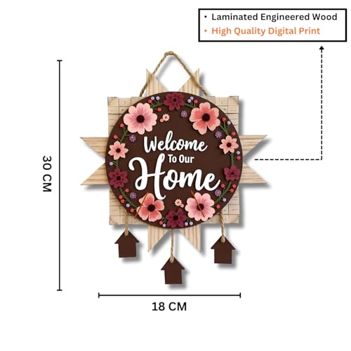 Image of GiftOday Welcome To Our Home Wooden Wall Hanging Decoration Items for Home | Gifts | Wooden Wall Hanger | Wall Decoration for Living Room | Artworks Wall Hangings | Modern Decor Items (18 x 30 CM)