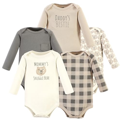 Hudson Baby Unisex Baby Cotton Long-Sleeve Bodysuits, Snuggle Bear 5 Pack, 3-6 Months