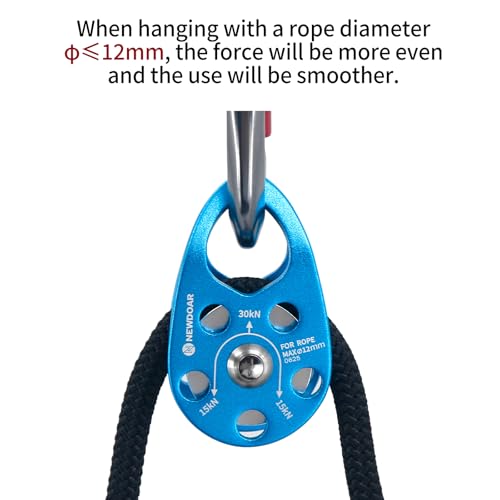 NewDoar Micro Mikro Mobile Seilrolle Umlenkrolle 30KN/6746 lb Mobile Einzelrolle Pulley Flaschenzug für max. 12 mm Seil zum Klettern, Rettungsheben, Anhalterfahren-Blau/2 Stück