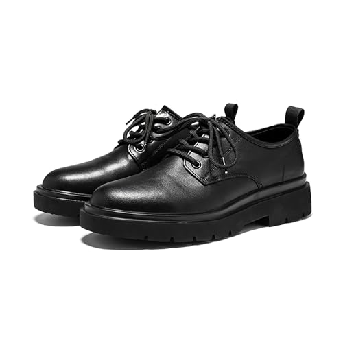 Men's Black Leather Platform Oxfords - Lace-Up Business Dress Shoes with Round Toe & Non-Slip Sole, Vintage Low Top Design for Work & Office