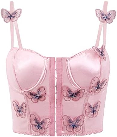 Testudineus Women Vintage Butterfly Corset Crop Top Satin Silk Front Buckle Bustier Fashion Y2k Rave Tube Top