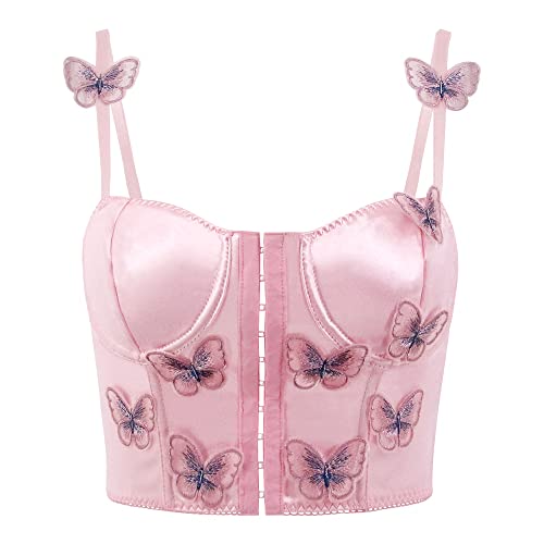 Testudineus Women Vintage Butterfly Corset Crop Top Satin Silk Front Buckle Bustier Fashion Y2K Rave Tube Top #TOP3